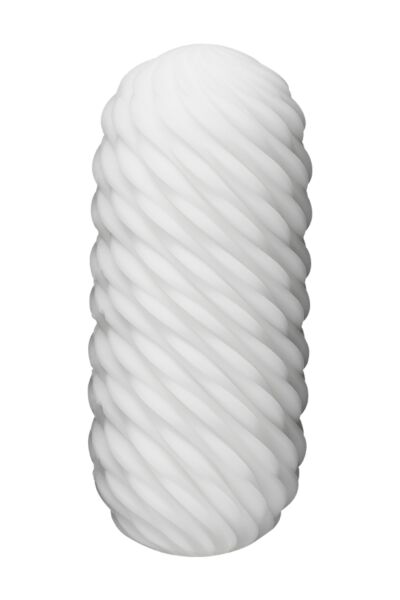 Masturbator TENGA 3Dx FLOW med bølgemønster ved siden af sin tørreholder