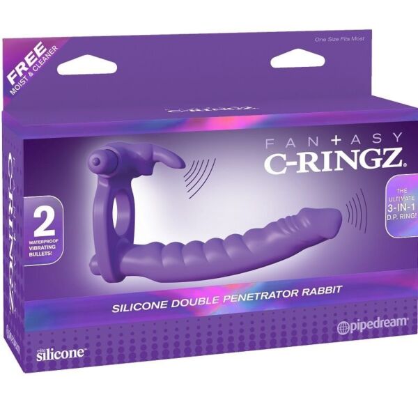 Vibrerende penisring Fantasy C-Ringz Double Penetrator Rabbit med silikonedildo og kanin