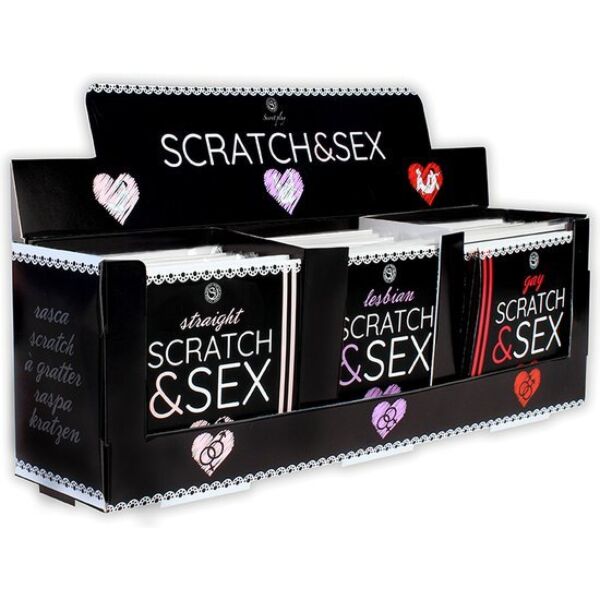 Secret Play Scratch & Sex 36-display med spil i versionerne Hetero, Gay og Lesbiana