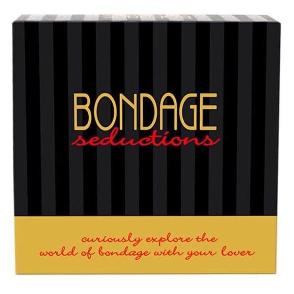 Bondagespillet Bondage Seductions fra Kheper Games med kort, reb, terninger, øjenbind og pisk