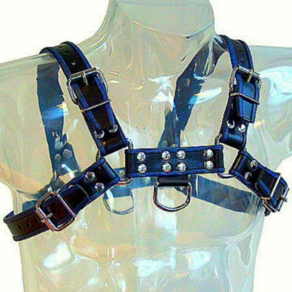 Leather Body Chest Bulldog harness til mænd i blå og sort med remme og metalkæder