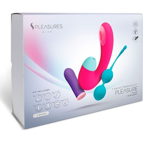 S Pleasures Pleasure Kit med kuglevibrator, dobbeltstimulator, bækkenbundskugler, glidecreme, legetøjsrens, fjer og øjenmaske