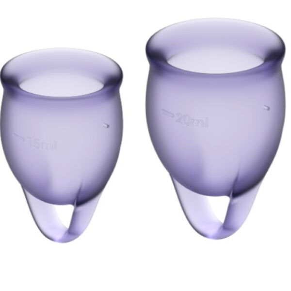 De to menstruationskopper Satisfyer Feel Confident på 15 og 20 ml