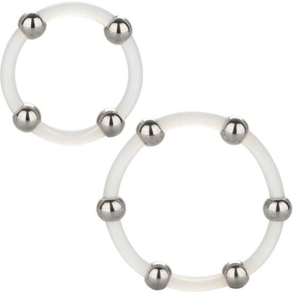 Gennemsigtige penisringe fra CalExotics, Steel Beaded Silicone Ring Set, med perler af rustfrit stål