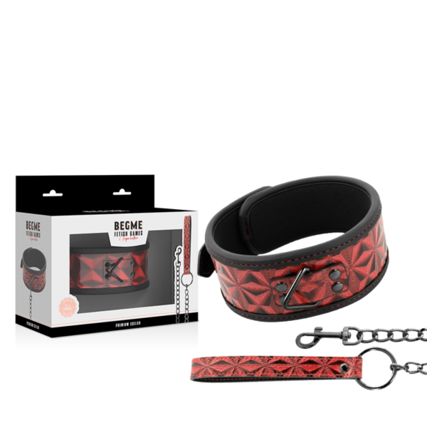 BDSM halsbånd Begme Red Edition i vegansk læder med metalkæde, ring til halsen og snor