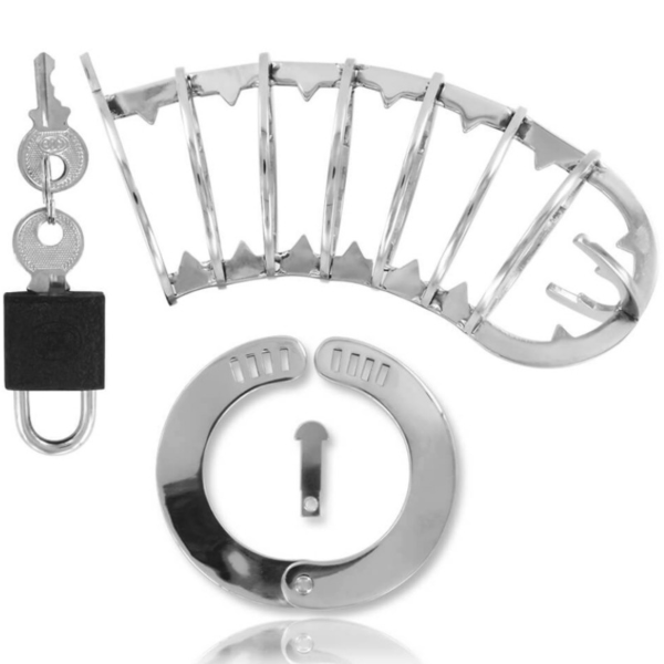 Kyskhedsbur Metal Hard 14 cm med syv ringe, med ring og hængelås