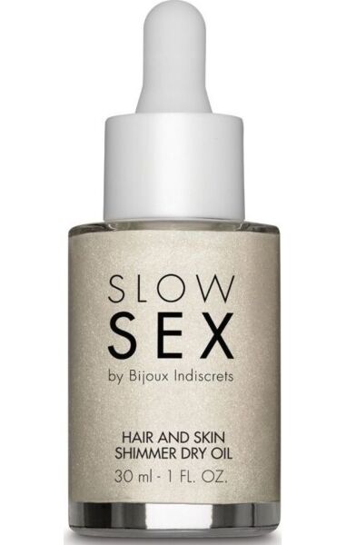 Flaske med pipette med den lysende tørre olie Dry-touch Shimmer Oil fra Bijoux Indiscrets