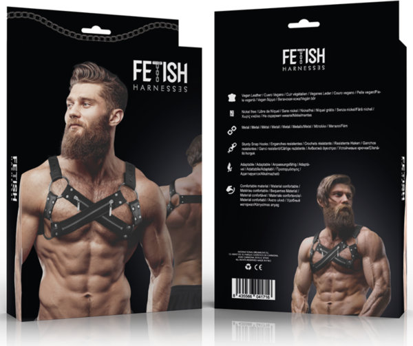 Frontal brystsele Bulldog fra Fetish Submissive til mænd, i vegansk læder med flere stropper