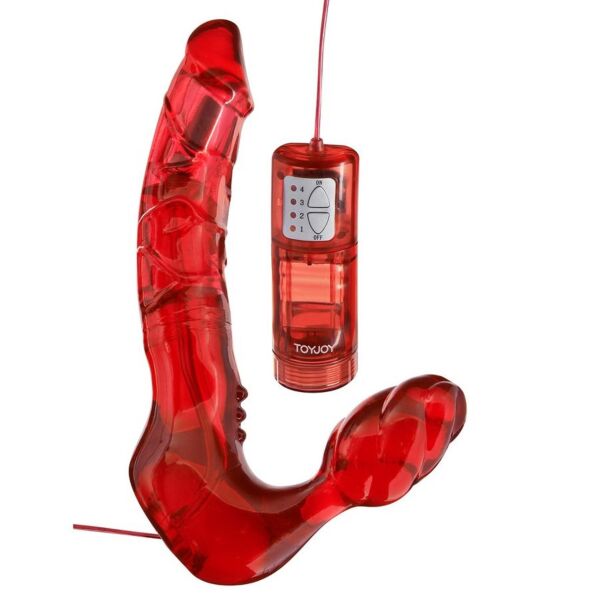 Toyjoy strap-on uden stropper med en lang og en kort ende samt indbygget vibrator