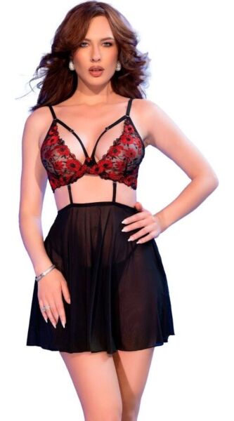 Babydoll Chilirose CR 4869 med broderet bh, tylnederdel og stringtrusse