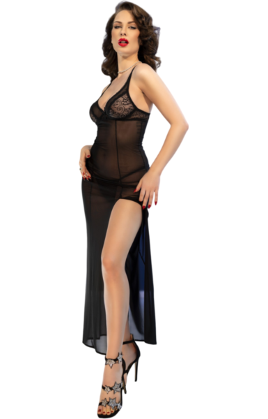 Lang babydoll i sort blonde, Chilirose CR 4723, med matchende tanga