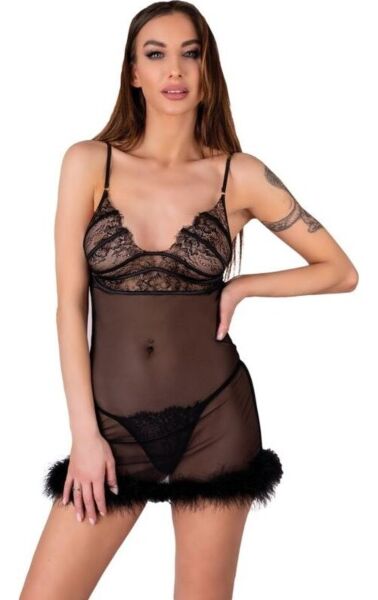 Livco Corsetti Zerunam babydoll i sort, med nettop med tynde stropper og matchende tanga