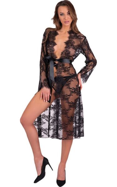 Sort gennemsigtig morgenkåbe Livco Corsetti Mostina LC 90641 med blomsterprint og bælte i taljen