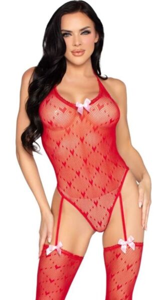 Bodystocking i net med hjerter og påsyede lårstrømper, Leg Avenue Love Spell