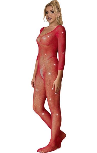 Subblime bodystocking i rødt net med diamantmønster og lange ærmer