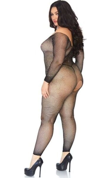 Sort Leg Avenue Plus Seamless Fishnet bodystocking med lange ærmer og rhinsten