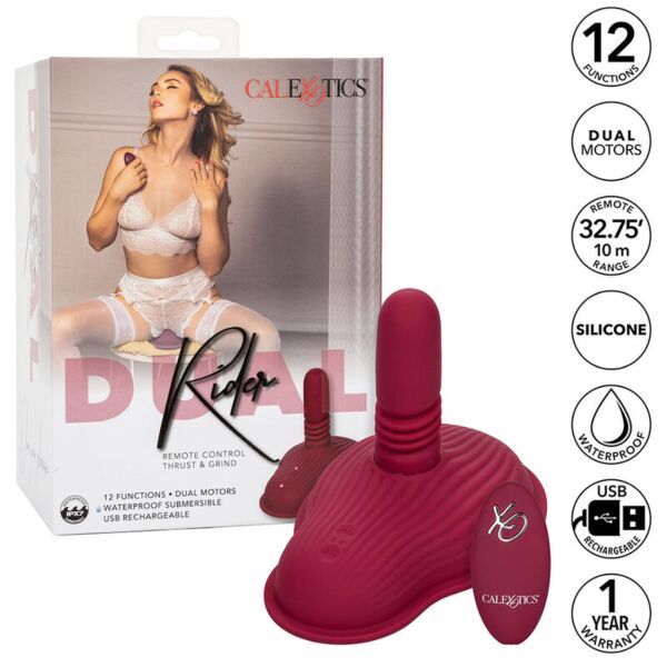 Ride-on vibrator CalExotics Dual Rider Thrust & Grind i rød, med fjernbetjening