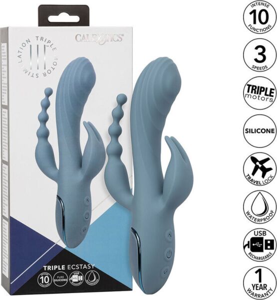 Blå rabbit vibrator CalExotics III Triple Ecstasy med skaft, stimulator og perlehale