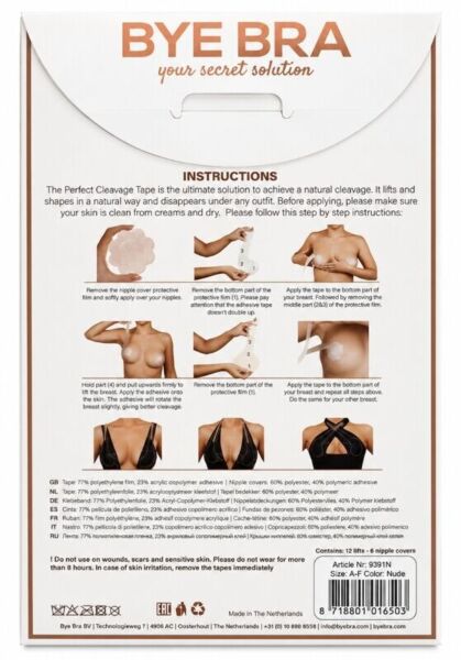 Bye Bra Perfect Cleavage brysttape, der fremhæver dekolletéet, med brystvortedæksler