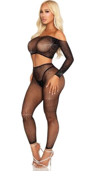 Leg Avenue Captivating Crush i sort, crop top og leggings i net med rhinsten