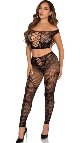 Lingerisæt Leg Avenue Love Me Tonight i sort: crop top med bare skuldre og leggings i blonder og net