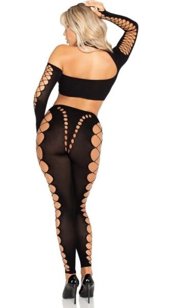 Leg Avenue Notorious sæt med asymmetrisk crop top og fodløse leggings i sort