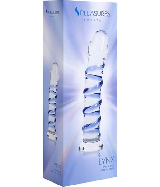 Dildo S Pleasures Crystal Lynx, gennemsigtig med blå detaljer og spiralrelieffer