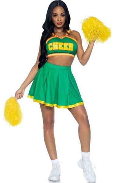 Cheerleader kostume Leg Avenue Bring It Baddie i grøn med kort top, plisseret nederdel og gule pom-poms