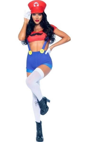 Sexet Mario Bros kostume fra Leg Avenue i rød og blå med kort top, shorts med seler og rød kasket
