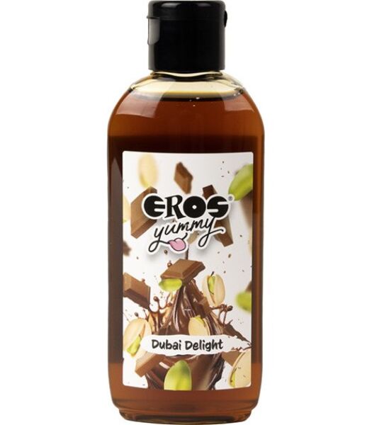 Flaske med 100 ml af glidecremen Eros Yummy Dubai Delight med smag af chokolade og pistacie