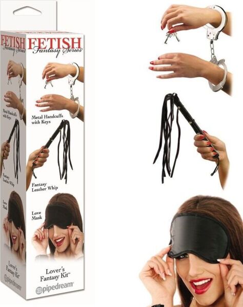 Pipedream Lover's Fantasy Kit med læderpisk, metalhåndjern med nøgler og satinmaske