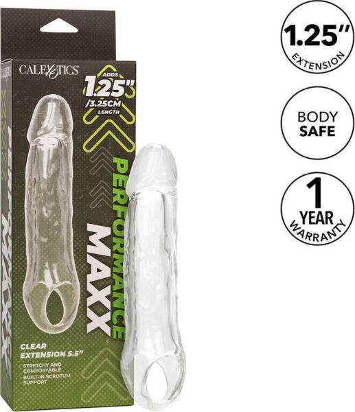 Gennemsigtigt penishylster CalExotics Performance Maxx Clear Extension 5,5 med rem til pungen