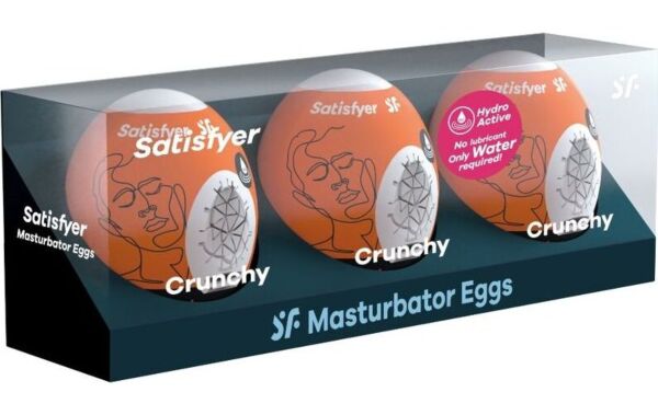 Sæt med tre masturbatorægge fra Satisfyer: Naughty, Savage og Crunchy