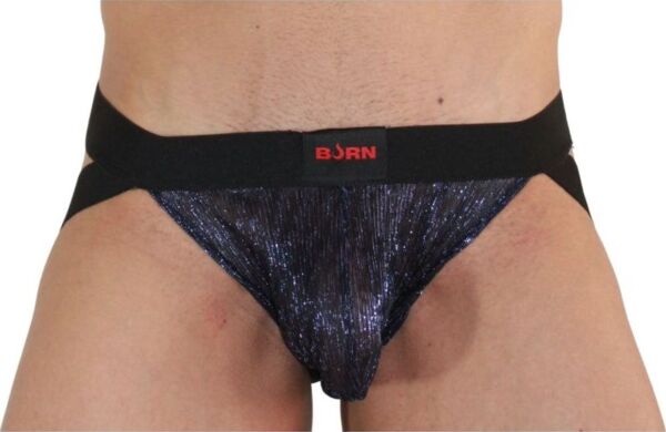 Jockstrap Burn 006 i blå og sort med transparente zoner og glitrende detaljer