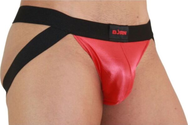 Jockstrap Burn 010 Jock i rød og sort med gennemsigtige partier og skinnende detaljer