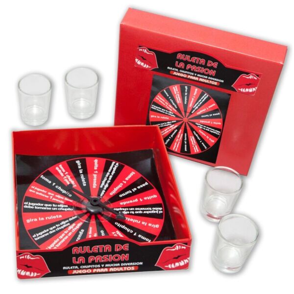 Shotspil Diablo Picante Ruleta de la Pasión med rouletten og de 4 shotglas