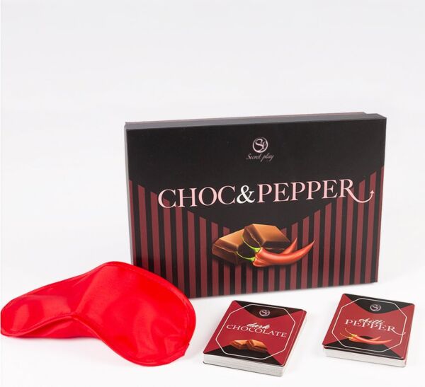 Kortspillet Secret Play Choc & Pepper med chokolade- og peberkort og bindet for øjnene