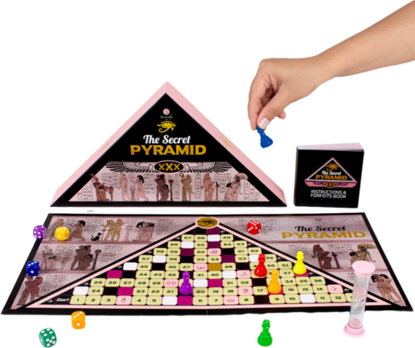 Erotisk brætspil Secret Play The Secret Pyramid med bræt, brikker, terninger og timeglas