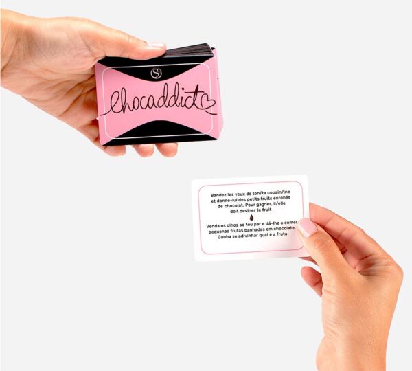 Æsken til det erotiske kortspil Secret Play Chocaddict FR/PT med kort, øjenbind og Body Pen med chokolade