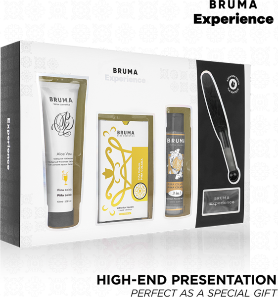 Erotisk sæt Bruma Xperience Sweet Temptation med flydende vibrator, glidecreme, olie, fjer og øjenbind