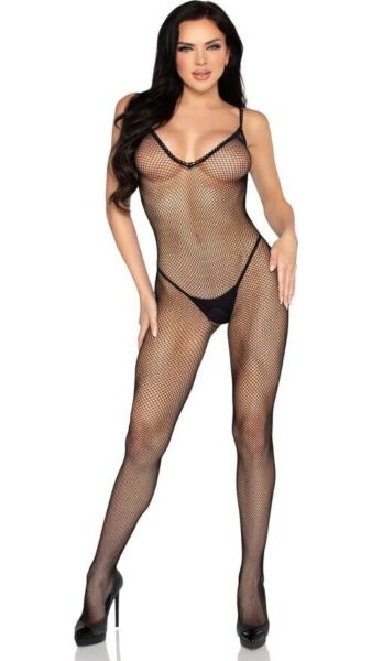 Bodystocking Leg Avenue 89375 i sort mesh med crochet-detaljer og åbning i skridtet