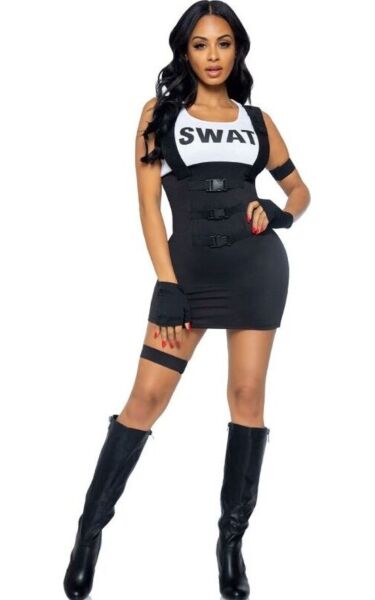 Politikostume Leg Avenue Sultry SWAT Officer i sort, med kjole, handsker, armbånd og strømpebånd