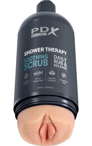 Masturbator PDX Plus Shower Therapy Soothing Scrub formet som en shampooflaske