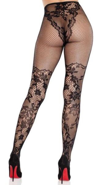 Strømpebukser Leg Avenue Dahlia Lace Tights i sort med blomsterblonder og net på låret