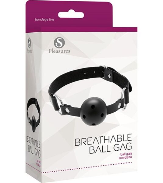 Sort S Pleasures Breathable Ball Gag med åbninger i kuglen, metalringe og rem med spænde