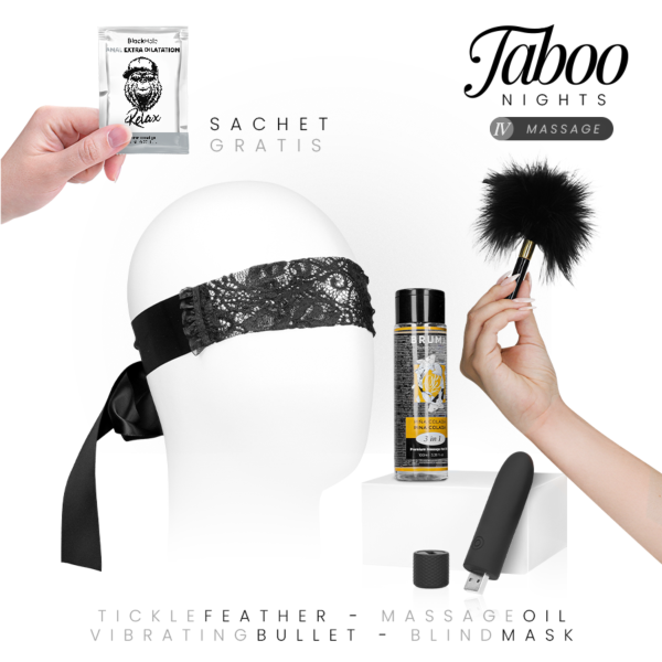 Taboo Nights 4 Massage-sæt med Bruma-olie, Geri-kuglevibrator, blindfold, fjer og Black Hole-analgel
