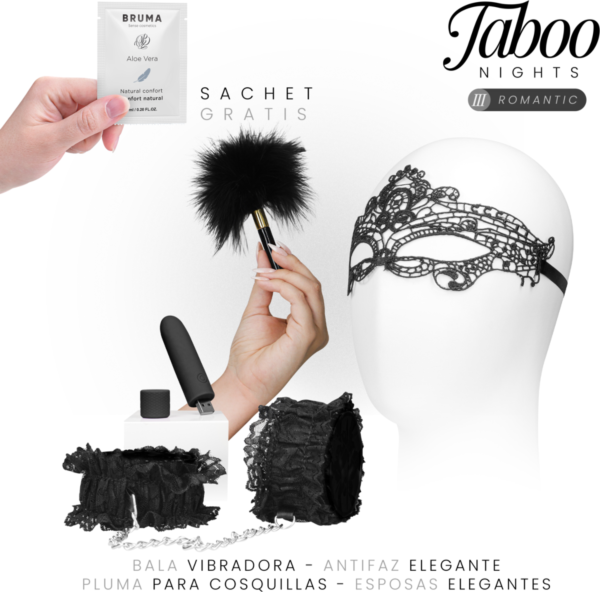 Taboo Nights 3 Romantic Dreamkit med maske, kuglevibrator, sorte blondehåndledsmanchetter, fjer og glidegel