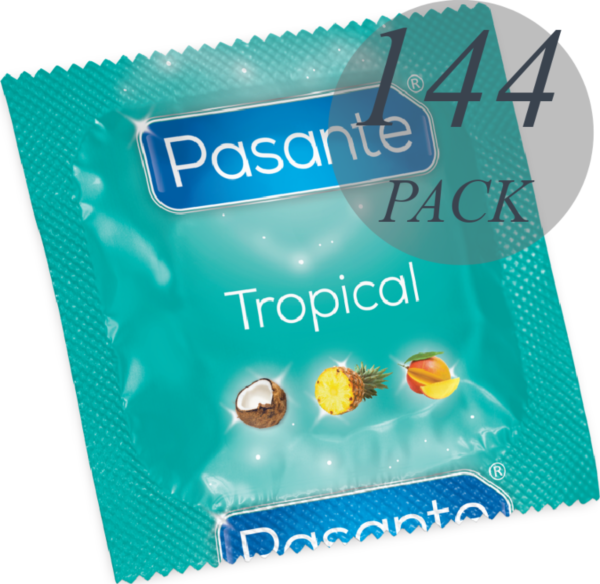 Æske med 144 Pasante Tropical kondomer med smag af mango, ananas og kokos