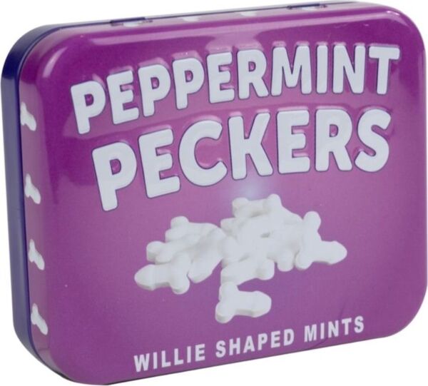 Dåse med mynteslik Peppermint Peckers 30 g fra Spencer & Fleetwood, med slik i penisform