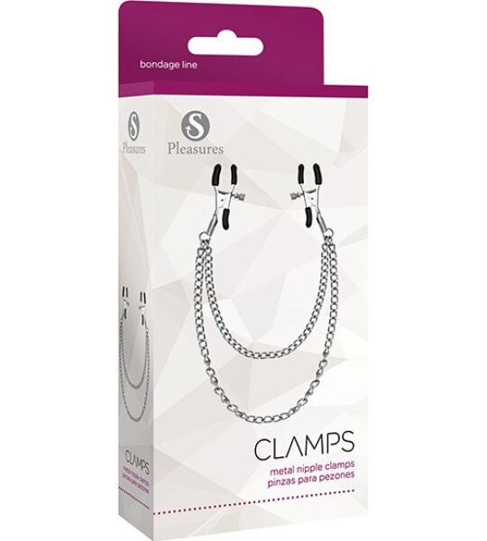 Sølvfarvede brystvorteklemmer S Pleasures Metal Nipple Clamps forbundet med kæde